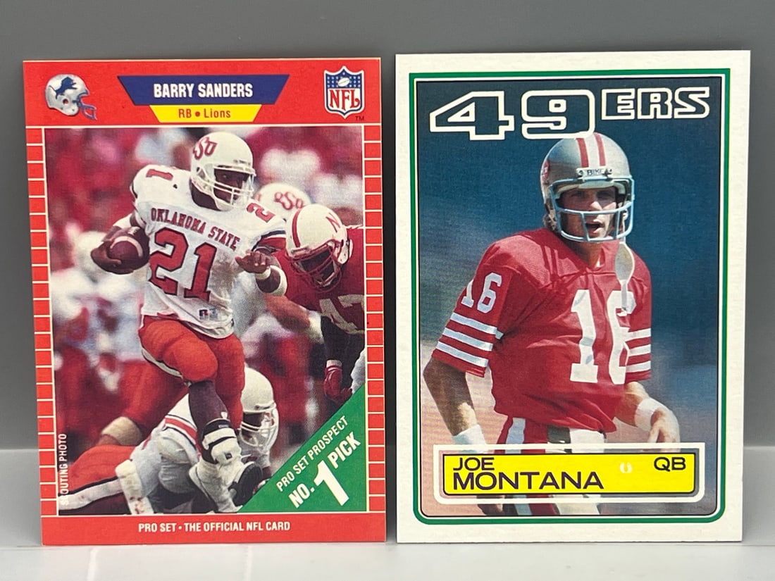1989 Pro Set Barry Sanders RC #494 & 1983 Topps Joe Montana 2nd Year #169: 1989 Pro Set Barry Sanders RC #494 & 1983 Topps Joe Montana 2nd Year #169