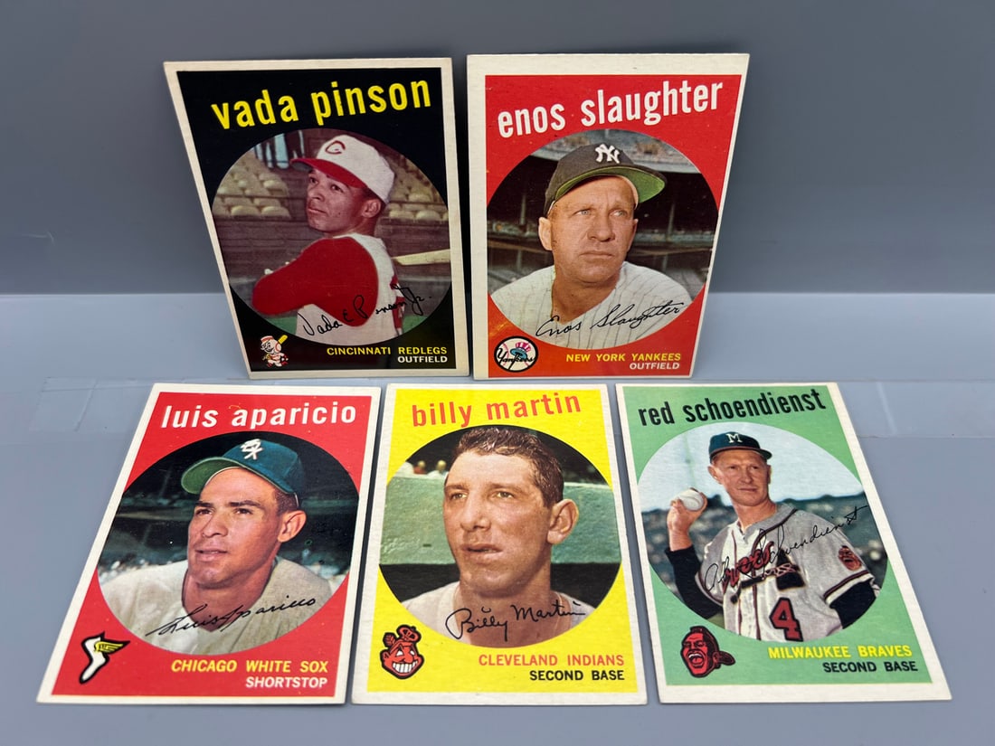 Lot of (5) 1959 Topps Baseball Star Player Cards - Varying Conditions - Billy Martin, Enos (1 of 2)