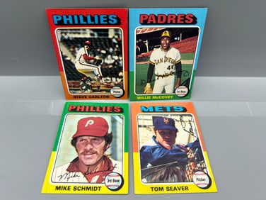 Lot of (4) 1975 Topps Baseball Cards - Varying Conditions - Steve Carlton, Mike Schmidt, Willie
