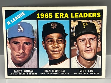1966 Topps NL ERA Leaders Koufax/Marichal/Law #221