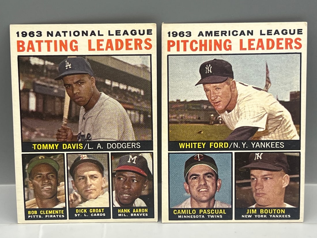 1964 Topps NL Batting Leaders #7 & 1964 Topps AL Pitching Leaders #4 - Clemente, Aaron, Ford (1 of 2)