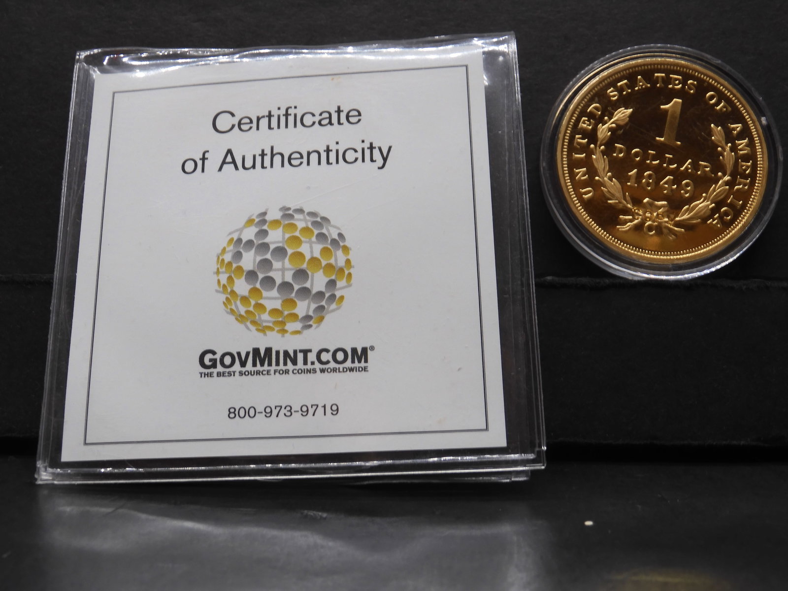 REPLICA- 1849 Gold Liberty Dollar W/COA: REPLICA- 1849 Gold Liberty Dollar W/COA
