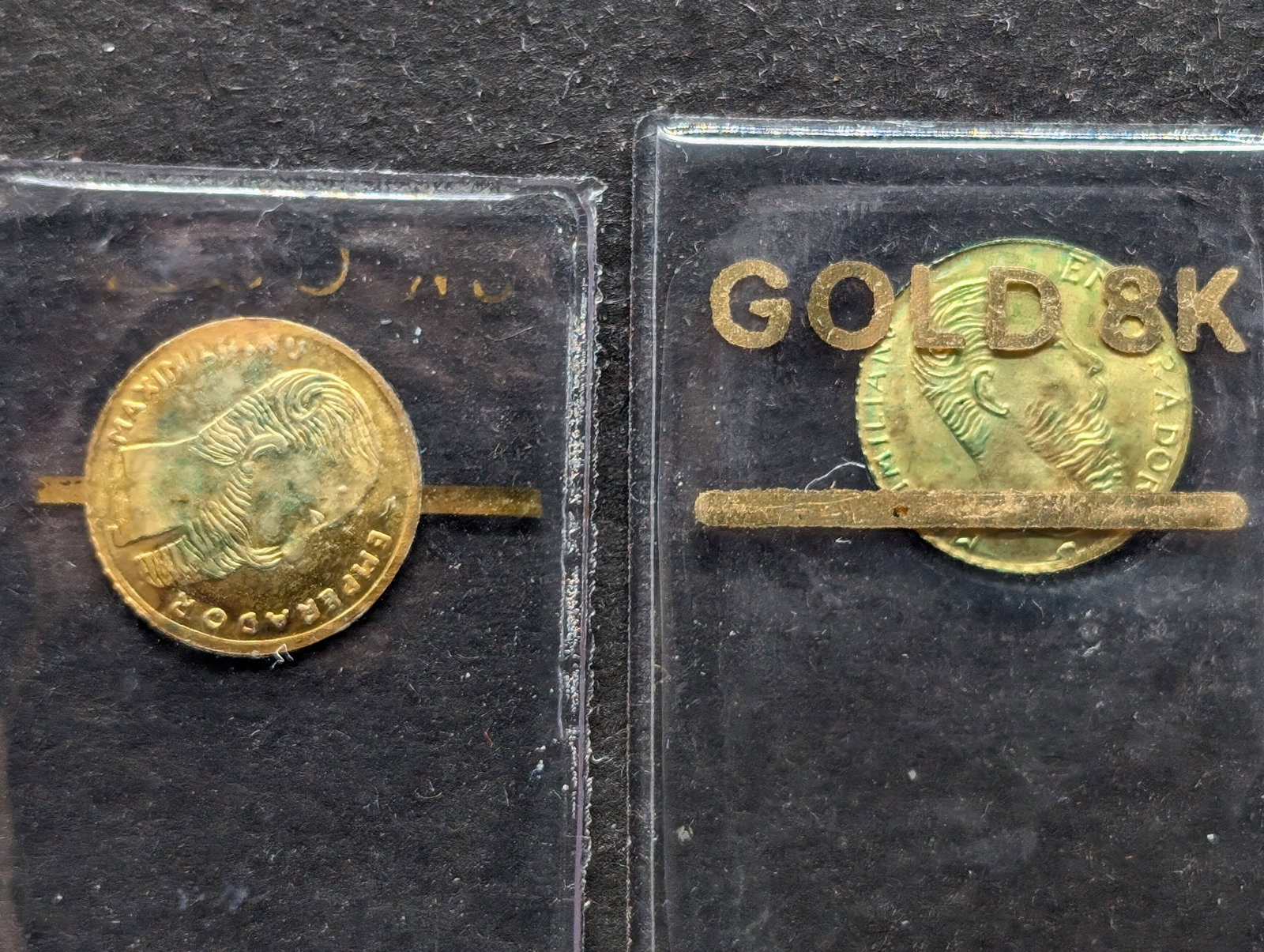 1865 Mexico Miniature 8K GOLD Maximiliano Coins (2 Pcs): 1865 Mexico Miniature 8K GOLD Maximiliano Coins (2 Pcs)