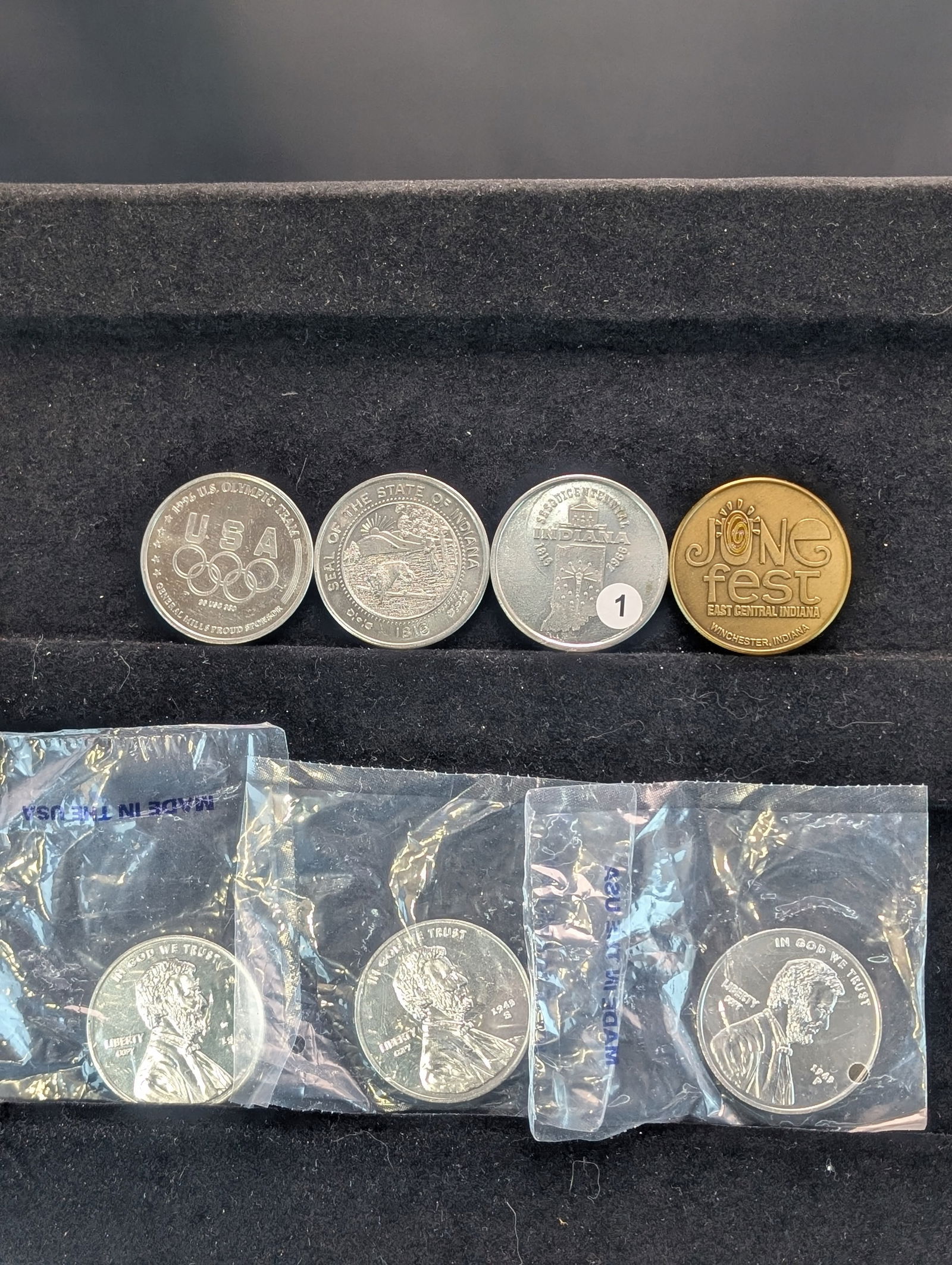 3 Indiana tokens - included Indiana June Festival Token, 1 Olympic Atlanta 1996 diving Token, 3
