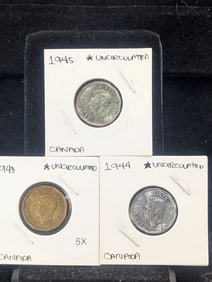 1943, 1944, 1945 Canada 5 Cent Coins. Unc