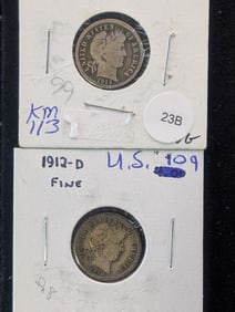 (2 Coins) 1912-D & 1913 Barber Dimes - 90% Silver
