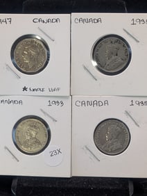 1933, (2) 1935, 1947 Canada 5 Cent Coins