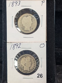 1892 O and 1893 P Barber Quarters