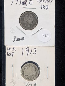 (2 Coins) 1912-D & 1913 Barber Dimes - 90% Silver