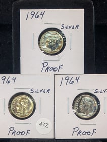 (3) 1964 "Silver" Proof Roosevelt Dimes