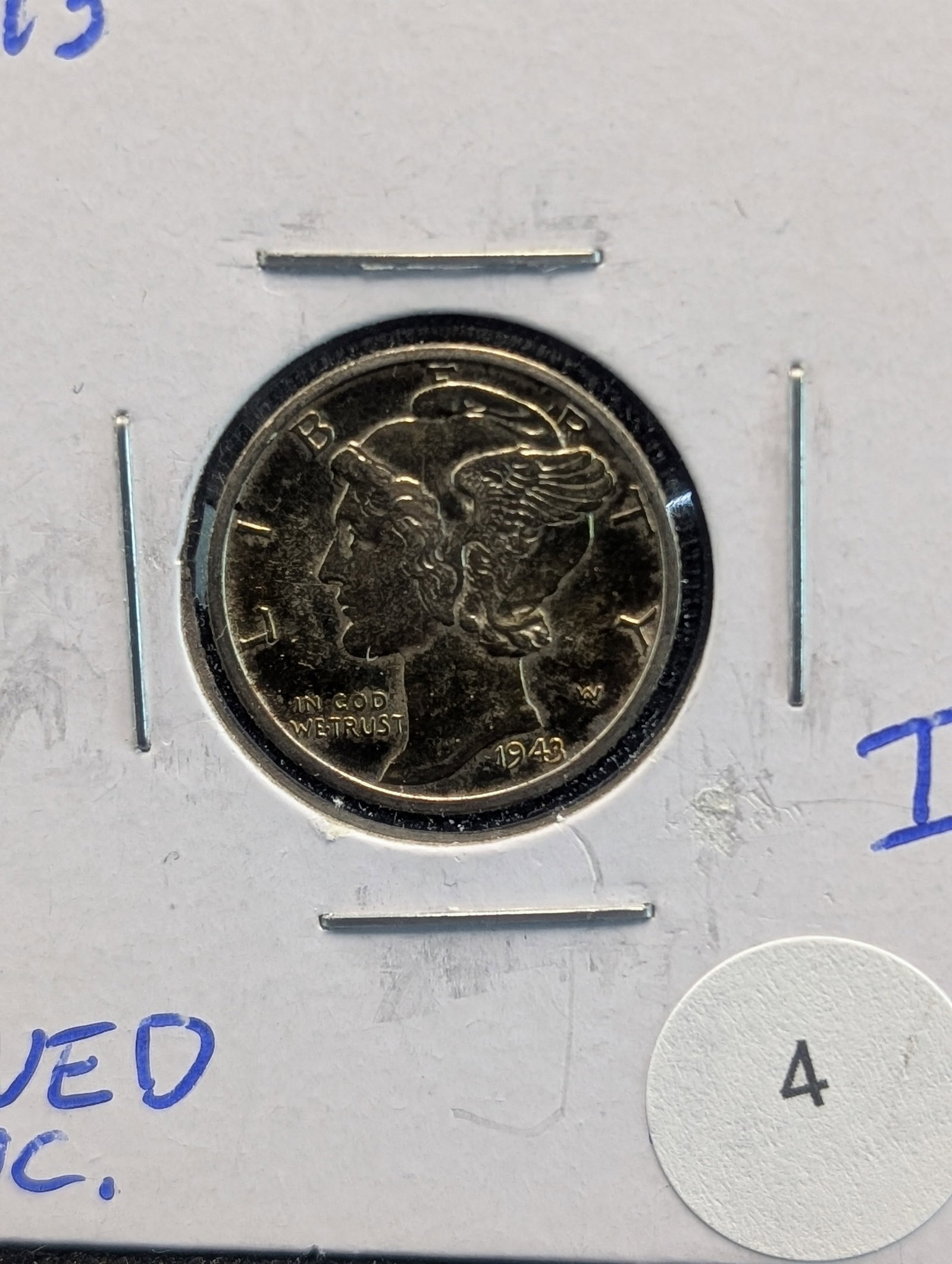 1943-D UNC Mercury Dime. 90% Silver. WWII Era. Toned: 1943-D UNC Mercury Dime. 90% Silver. WWII Era. Toned