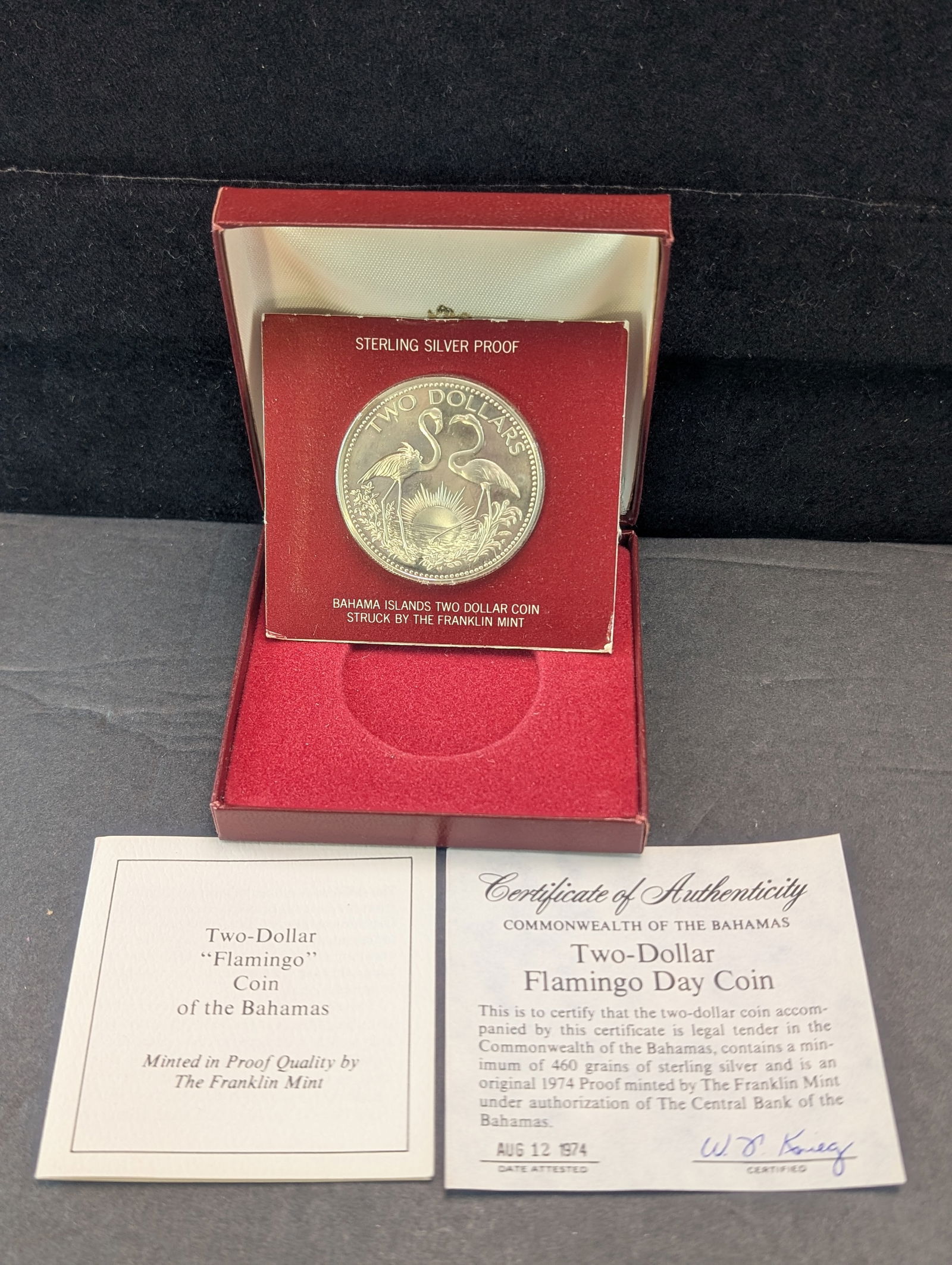 1974 Bahamas Sterling Silver Proof $2 Flamingo Coin. 460 Grains OGP/COA (1 of 5)