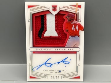 2020 Panini National Treasures Aristides Aquino On Card Player Worn Rookie Patch Auto #08/10