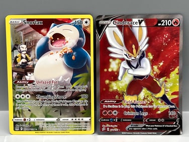 2022 Pokemon SWSH Snorlax Full Art Lost Origins & 2020 Pokemon SWSH Cinderace V Full Art Rebel Clash