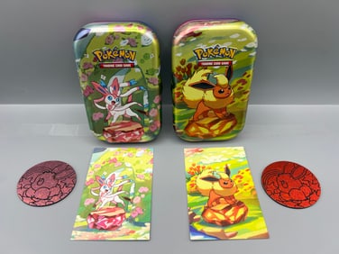 2025 Pokemon Prismatic Evolutions Flareon & Sylveon Opened Tins W/ Cards & Coins