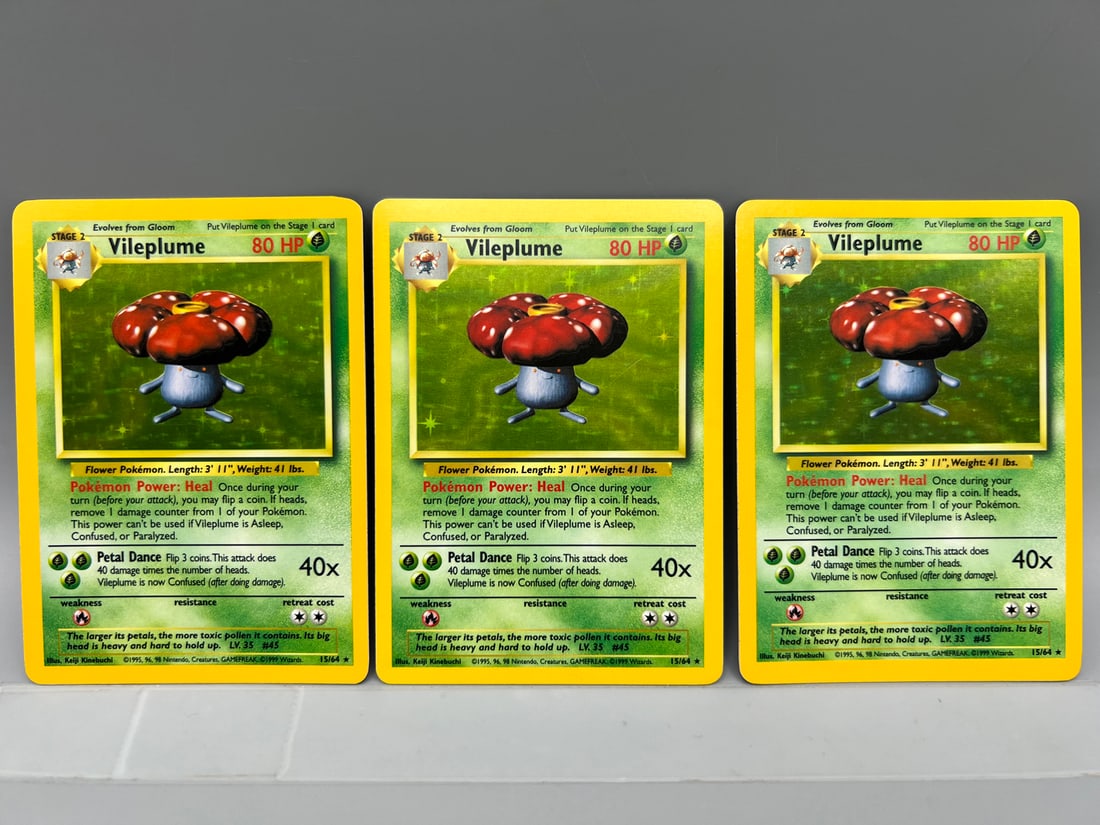 Lot of (3) 1999 Pokemon Jungle No Symbol Error Vileplume Holo #15/64: Lot of (3) 1999 Pokemon Jungle No Symbol Error Vileplume Holo #15/64
