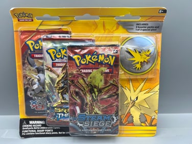 2016 Pokemon TCG Zapdos Special Edition Pin 3 Pack Factory Sealed Blister Box - Includes Steam Siege
