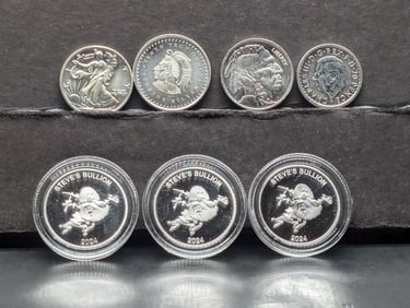 1/10th Oz. Each .999 FINE SILVER Various Designed Miniature Rounds (Some in Capsules - 7 PCS)