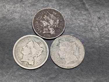 Lot of 3 Three Cent Nickels   1865, 1868, 1872