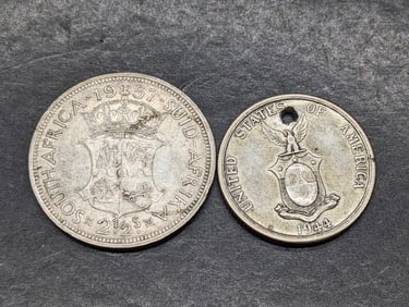 2 Silver Foreign Coins  1 with hole, 1957 South Africa 2 1/2 Shillings 50% silver, 1944-S