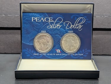 First & Last Year Peace Silver Dollar Collection in Collector's Box - 1922 & 1935-S