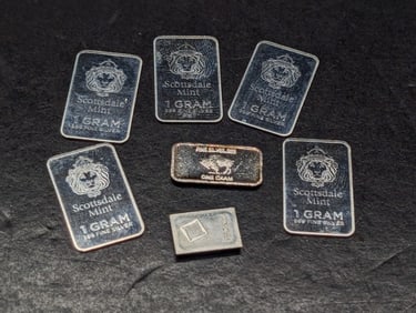 1 Gram Each .999 FINE SILVER Various Designed Miniature Art Bars (7 PCS)