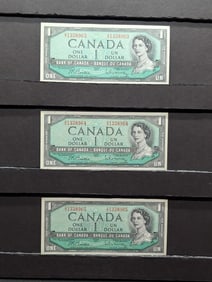 3 Consecutive Serial Number 1954 Canada $1 Notes. GEM Crisp Uncirculated.