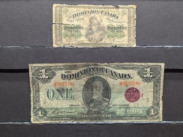 2 Old Canada Notes: 1923 Large $1 and 1879 fractional quarter.