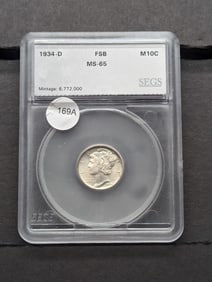 1934-D Mercury Dime. Slabbed by SEGS, national company, as MS 65 Full Split Bands. Very tough date.