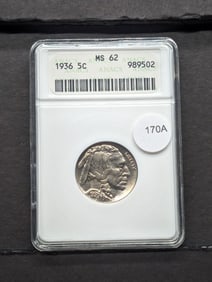 1936 Buffalo Nickel. Slabbed by ANACS, respected grader, before 1999 as MS 62. Brilliant white