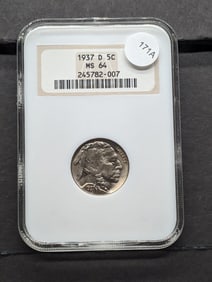 1937-D Buffalo Nickel. Slabbed by NGC, top tier grader, between,1997 and 1999 as MS 64. Brilliant