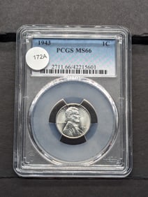 1943 Steel Wheat Cent. Slabbed by PCGS, top grader, a GEM superb MS 66.  Almost flawless.