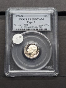 1979-S Roosevelt Dime. Slabbed by PCGS, top grader, as Proof 69 Deep Cameo. This is the scarce Type2