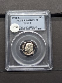 1981-S Roosevelt Dime. Slabbed by PCGS, top grader, as Proof 69 Deep Cameo. This is the scarce Type2