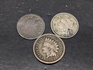 Three Love Tokens: 1854 Seated Dime, 1866 3 Cent nickel, and 1864 Copper Nickel Indian Cent.
