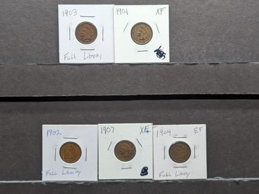 (5) Nice Indian Head Cents 1901, 1902, 1903, 1904, 1907
