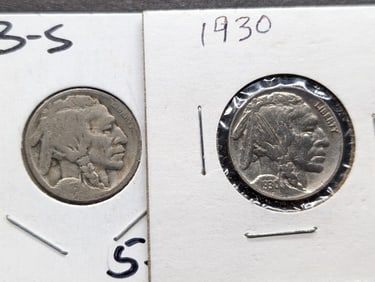 1923-S Buffalo Nickel & 1930, 1936, 1937 Full Horn Nickels
