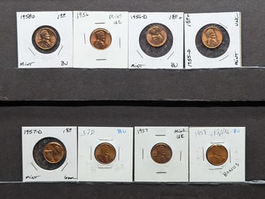 Lot of * BU MS Red Lincoln Wheat Cents 1955-D, 1956 P &D, 1957 P & D, (2) 1958