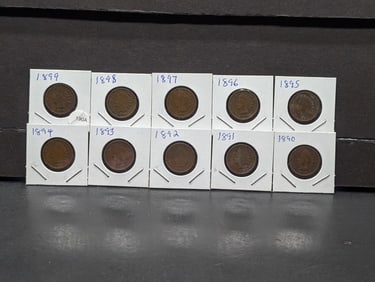 1890 through 1899 Indian Cents. Complete date run. Average circulated. Not junk.