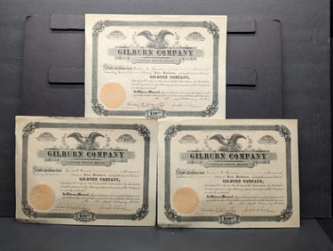 (3) Nice Condition Gilburn Company Stock Certificates  1907 w/ Seal