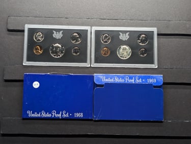 1968-S and 69-S US Proof Sets in original boxes. Both have silver Kennedy Halves. GEM.