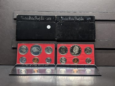 1976-S and 1977 S US Proof Sets in original boxes. Both have Eisenhower $1s, the 76-S a