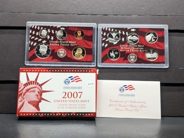 2007-S US Silver Proof set in original box. Regular coinage plus silver state quarters and