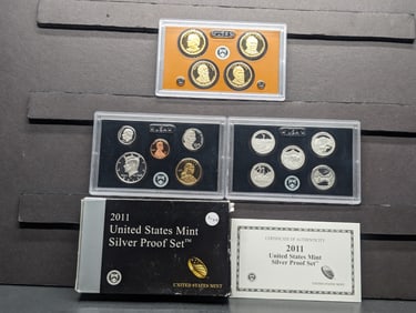 2011-S US Silver Proof set in original box. Regular coinage plus presidential dollars and silver