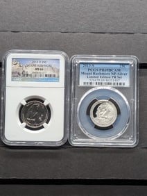 (2) Mount Rushmore Graded Quarters  2013-D Clad NGC MS66, 2013-S Silver PCGS PR69 DCAM