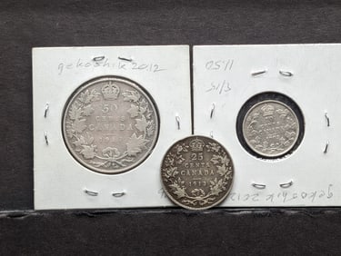 (3) 92.5% Silver Canadian Coins 1917 Half Dollar, 1913 Quarter, 1902 Dime