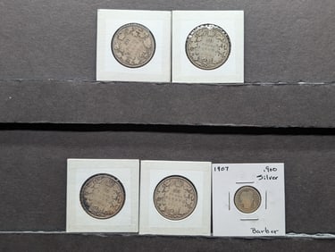 (4) Canadian Early Silver Half Dollars and Barber Dime  (2) 1916 Canada Half Dollar, 1917, 1919
