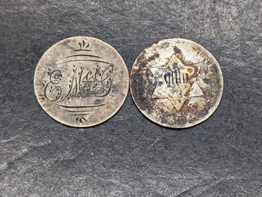 (2) Silver 3 Cent Trimes  one Love Token