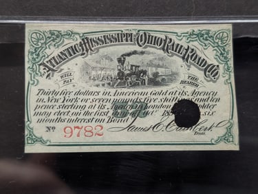 1850's The Atlantic Mississippi & Ohio Rail Road Co. Cancelled $35.00 Bond Coupon
