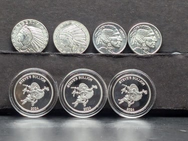 1/10th Oz. Each .999 FINE SILVER Various Designed Miniature Rounds (Some in Capsules - 7 PCS)
